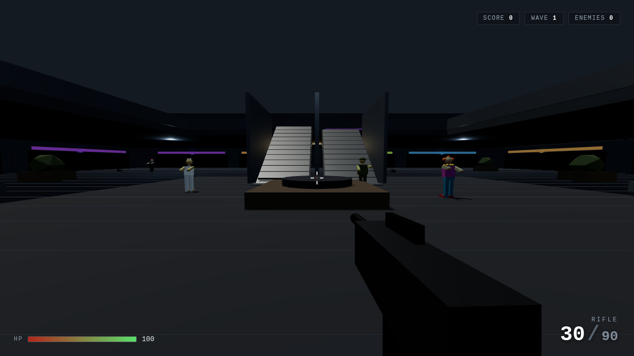 ZombiMall gameplay — a survivor fights zombies in an abandoned shopping mall atrium